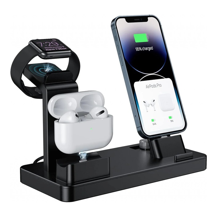 Viglt 3-в-1 зарядна станция за AirPods/Apple Watch/iPhone, USB Type C, пластмаса, черен