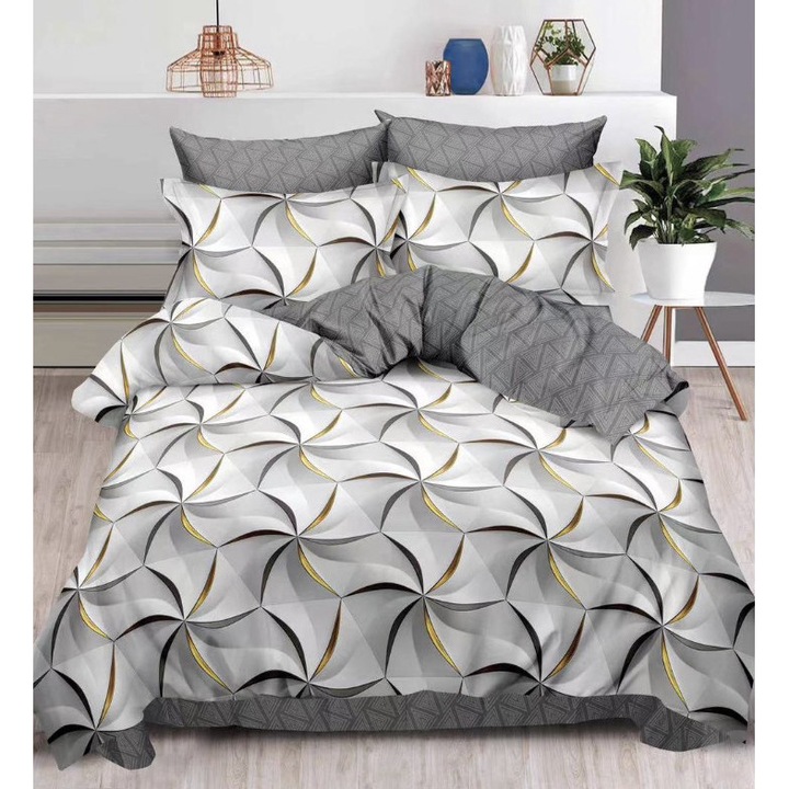 Set Lenjerie de pat dublu, 2 persoane, Pucioasa, Bumbac, 6 Piese, Cearceaf de pat 240 x 250 cm, Cearceaf pilota cu Doua Fete 200 x 230 cm, 2 fete de perna 70 x 70 cm, 2 fete de perna 55 x 75 cm, Gri inchis/Gri deschis, Model Stelute, FFP-0038