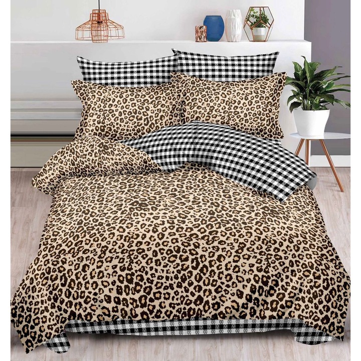 Set Lenjerie de pat dublu, 2 persoane, Pucioasa, Bumbac, 6 Piese, Cearceaf de pat 240 x 250 cm, Cearceaf pilota cu Doua Fete 200 x 230 cm, 2 fete de perna 70 x 70 cm, 2 fete de perna 55 x 75 cm, Maro/Bej/Alb/Negru, Model Animal Print/ Patratele, FFP-0064