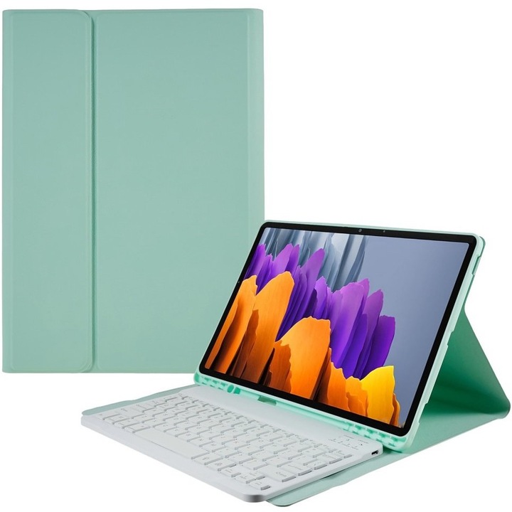 Husa tableta cu tastatura, XGSM, Compatibil cu Samsung Galaxy Tab S7+ Plus/S8+ Plus/S7 FE T730 T733, Slot pentru stilou, Verde menta
