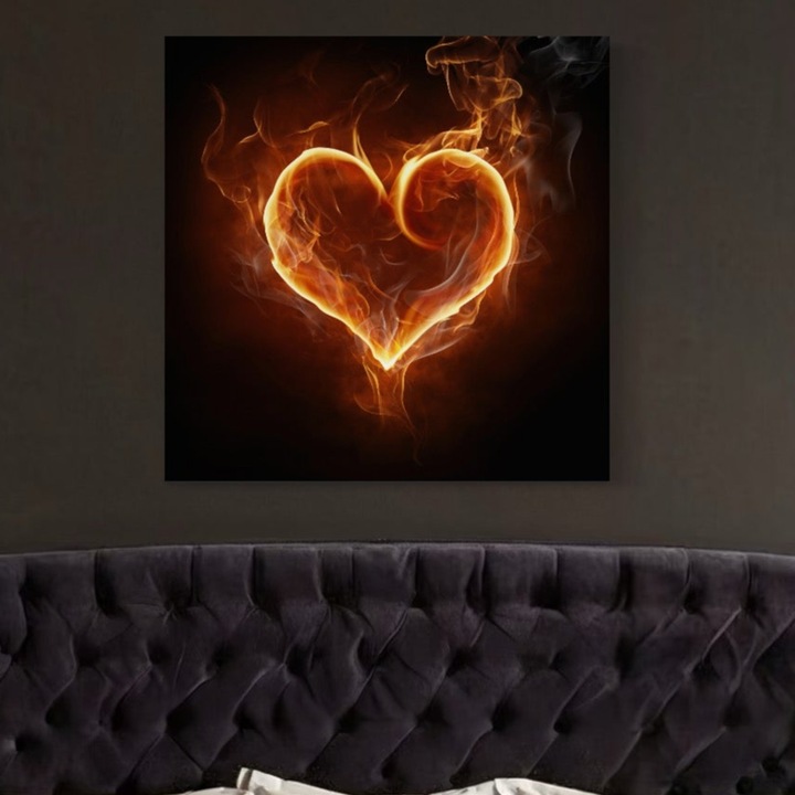 Премиум Канава Картина, LuxCanva® C1073, Пламтящо сърце, 100 X 100 СМ, Плат 100% Памук 400гр/м2, Дървена рамка, Сърце, Пламъци, Дневна, Спалня, Релакс, Ярки цветове