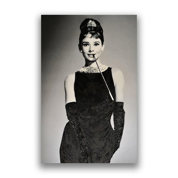 Първокласна картина на платно, LuxCanva® C1072, Красива Одри Хепбърн, 80 X 120 CM, 100% памучно платно 400g/m2, Дървена рамка, Diva, Красота, Одри Хепбърн, Всекидневна, Офис, Релаксация, Живи цветове