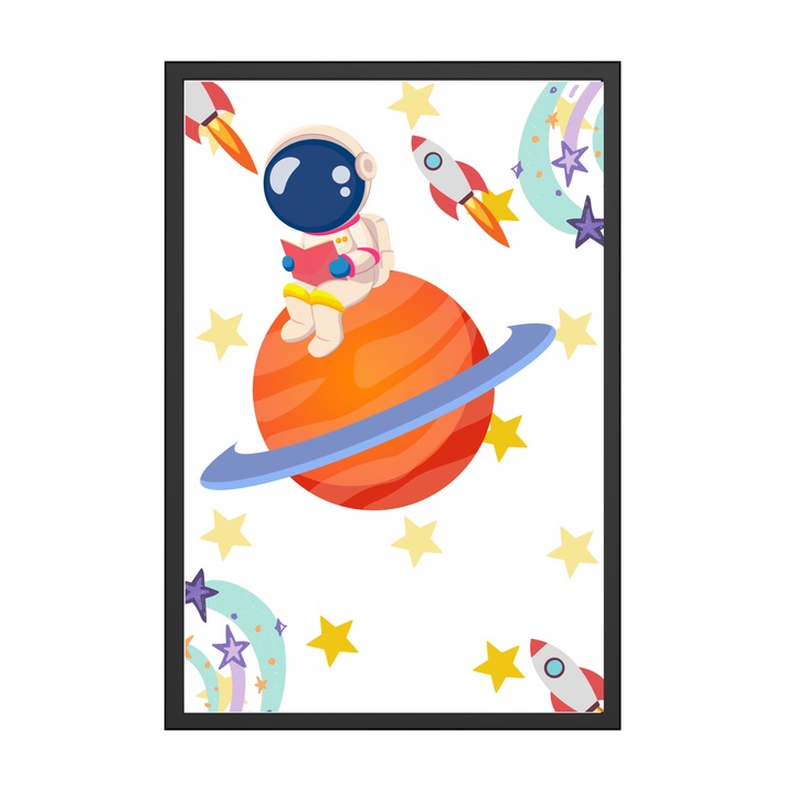 Tablou pentru cei pasionati de univers, astronauti, rachete, Tablou pentru camera copiilor, Tablou comic cu astronaut citind o carte, Rama Neagra, A3, 30x42CM, Print pe Hartie Foto Cartonata Mata Premium de 230g
