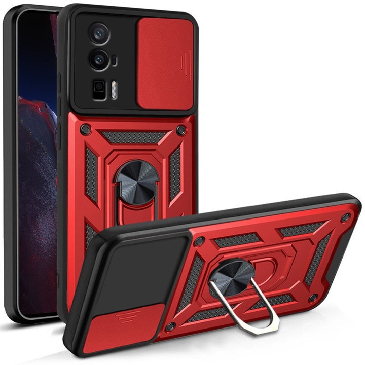 Etui pancerne XGSM pentru Xiaomi Poco F5 Pro, CamShield Slide, rosu, cu suport integrat si maner magnetic