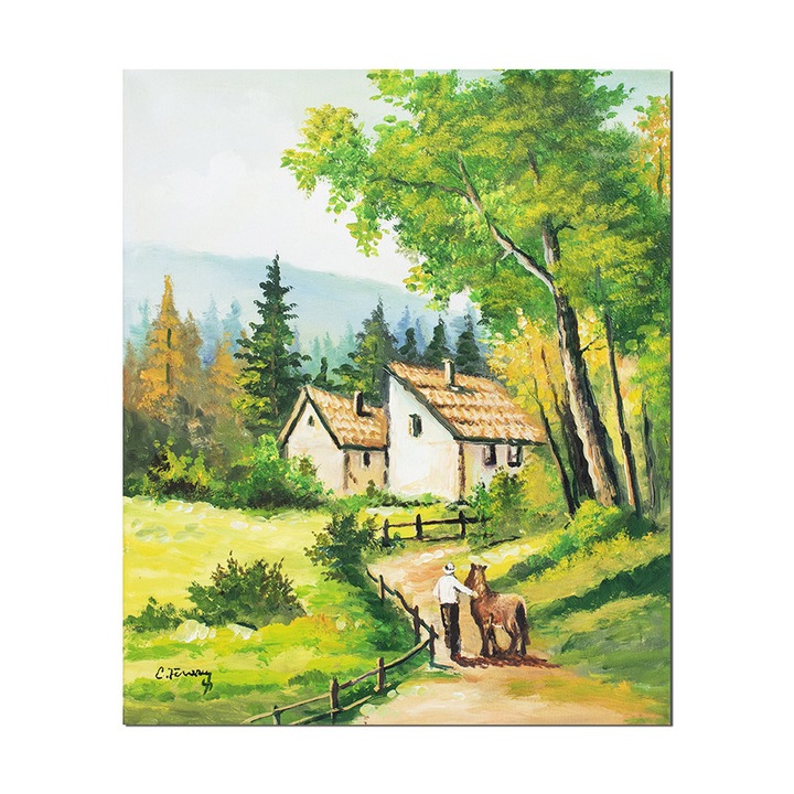 Tablou pictat manual living, hol, dormitor, Pe plaiuri mioritice, taran si cal, amintiri din copilarie, 60x50cm ulei pe panza