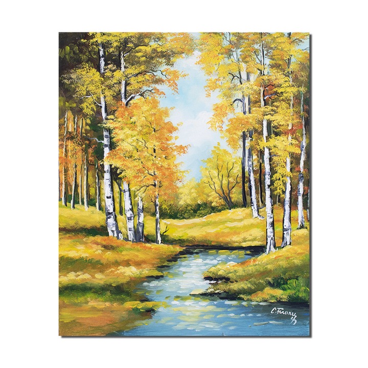 Tablou pictat manual living, hol, dormitor, Peisaj din natura cu mesteceni, 60x50cm ulei pe panza