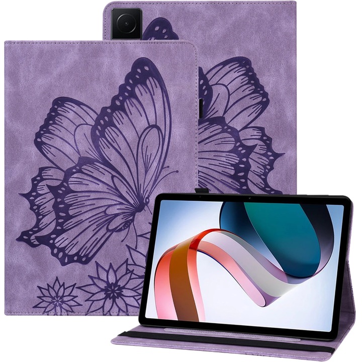 Husa tableta, XGSM, Compatibil cu Samsung Galaxy Tab S9 FE, Model fluturi, Slot pentru stilou portofel, Violet