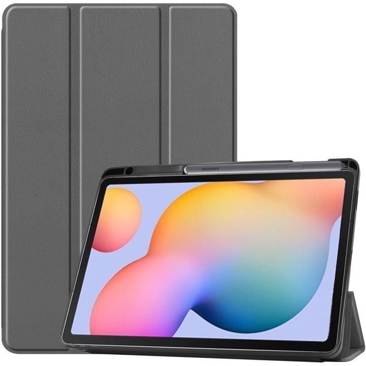 Husa tableta, pentru Samsung Galaxy Tab S6 Lite Tri-fold, XGSM, Cu suport de pix, Gri