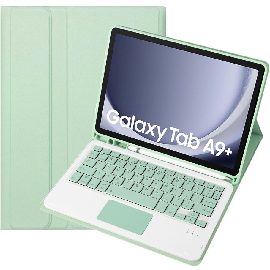 Husa cu tastatura pentru Samsung Galaxy Tab A9+, XGSM, Piele, TouchPad, Cu suport de pix, Verde deschis