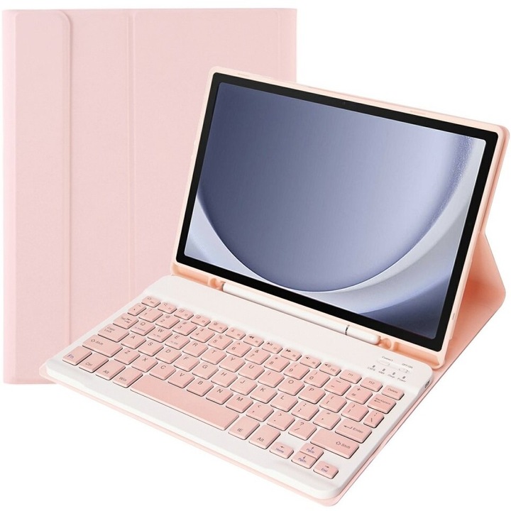 Husa cu tastatura pentru Samsung Galaxy Tab A9+, XGSM, Piele, Cu suport de pix, Roz