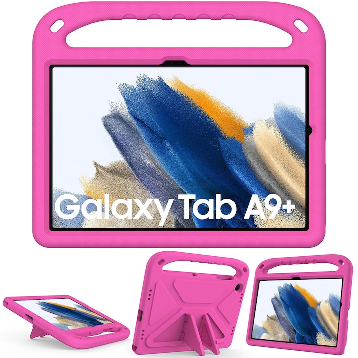 Etui pentru copii pentru Samsung Galaxy Tab A9+, roz, cu maner, functie stand, dimensiuni usor de utilizat