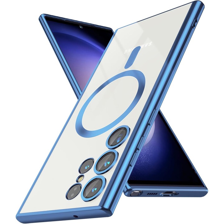 Husa compatibila cu Samsung Galaxy S22 Ultra, Luxury Magsafe, margini metalizate, Protectie Camere, Albastru Deschis, Atlas