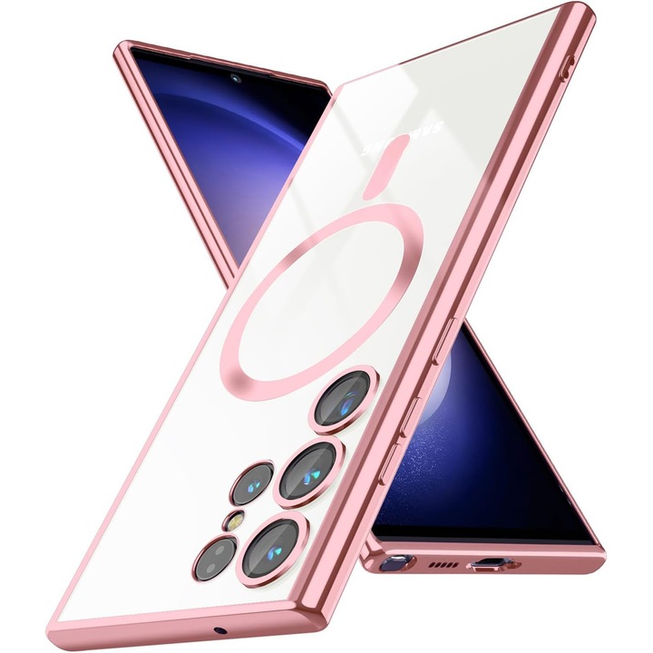 Husa compatibila cu Samsung Galaxy S22 Ultra, Luxury Magsafe, margini metalizate, Protectie Camere, Roz /Auriu, Atlas