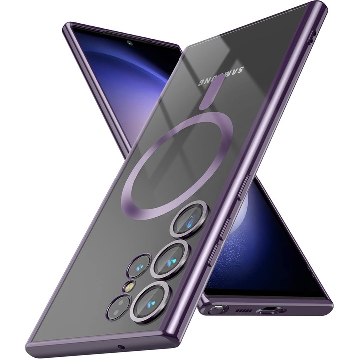 Husa compatibila cu Samsung Galaxy S22 Ultra, Luxury Magsafe, margini metalizate, Protectie Camere, Mov, Atlas