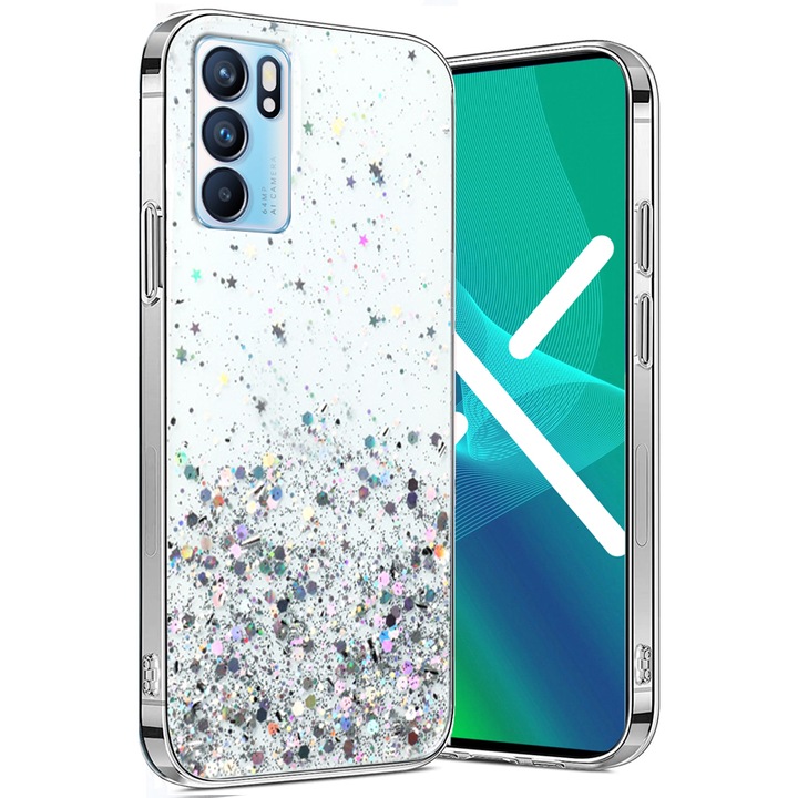 Husa telefon, ERBORD, TPU/Plastic, Compatibil cu OPPO Reno 6 5G, Sclipici, Transparent