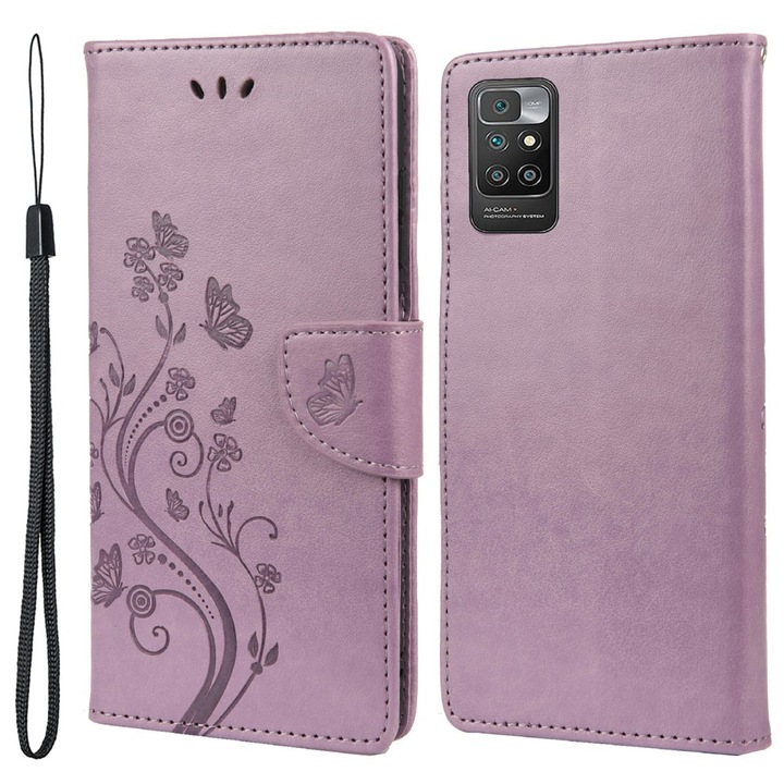 Etui pentru telefon, ERBORD, Xiaomi Redmi 10, piele sintetica, functie stand, violet