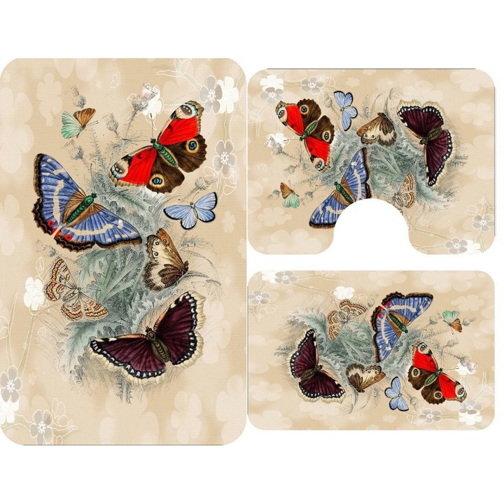 Set covoare baie antiderapante, 3 piese, model fluturi vintage