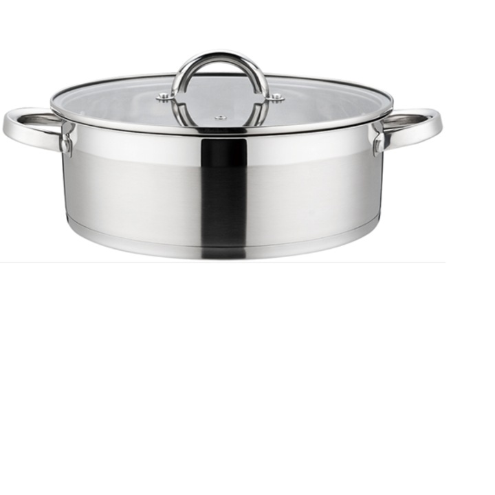 Cratita joasa din inox, compatibila cu plita cu inductie, cu capac din sticla, Diametru 24 cm, Capacitate 3.9 l, Grunberg GR4117