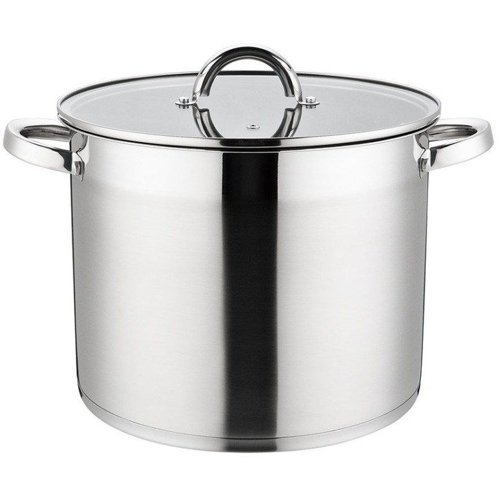 Oala din inox, compatibila cu plita cu inductie, cu capac din sticla, Diametru 22 cm, Capacitate 7 l, Grosime 0.6mm, Grunberg, GR7322