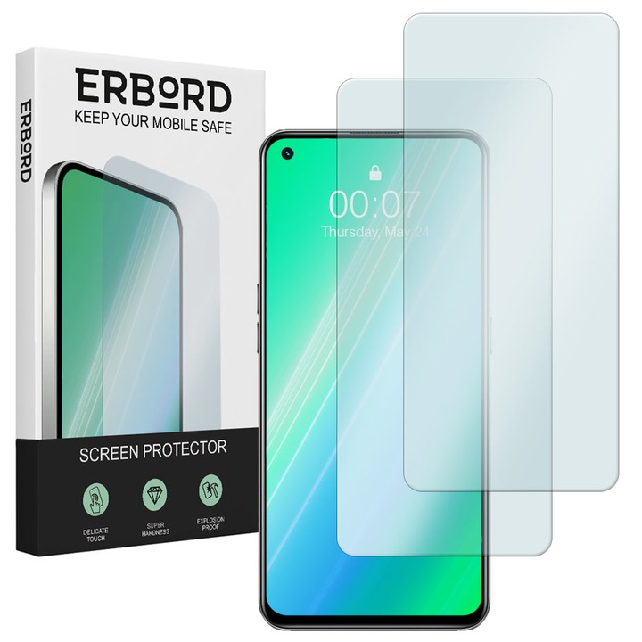 Set 2 folii pentru protectie telefon, ERBORD, compatibil cu Oppo Reno 7 4G/5G, Sticla, Transparent
