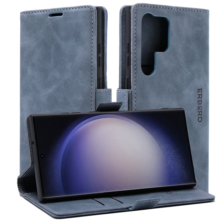 Husa pentru Samsung Galaxy S23 Ultra, ERBORD, verde, cu suport si compartimente pentru carduri