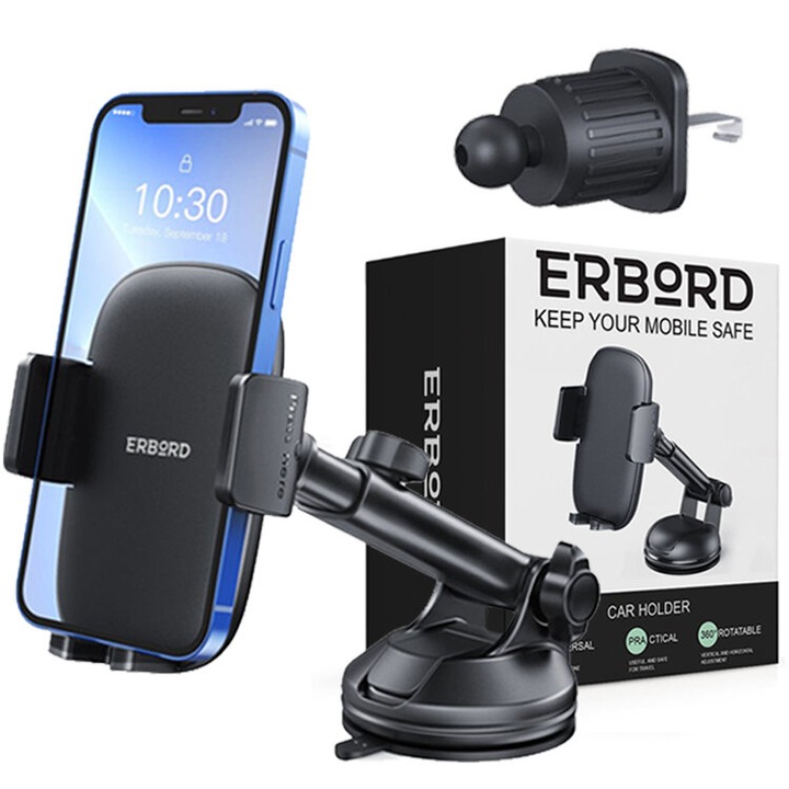Suport telefon auto pentru fereastra/admisie/grila/cabina, Erbord, Negru