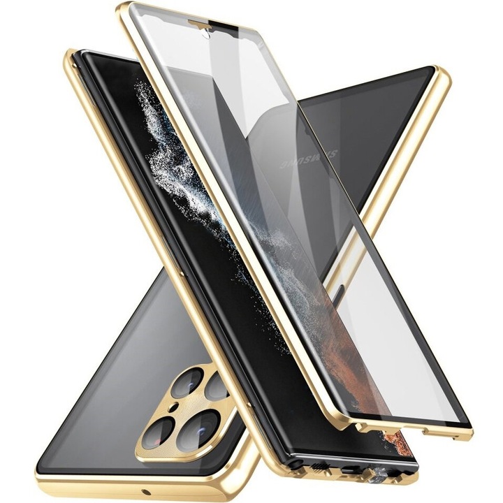 Husa cu protectie ecran pentru telefon, XGSM, Compatibila cu Samsung Galaxy S22 Ultra, Sticla securizata, Auriu