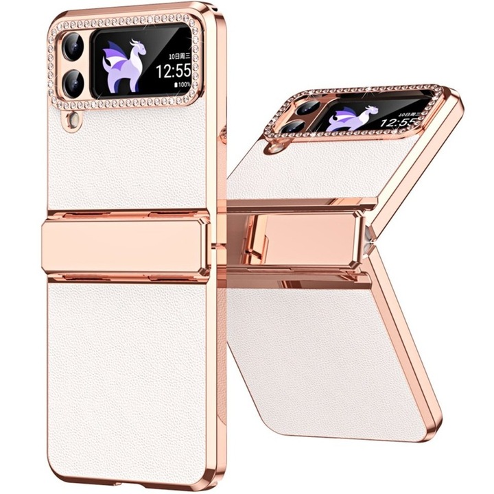 Husa pentru Samsung Galaxy Z Flip 4 5G, ERBORD, TPU/Piele ecologica, Alb/Auriu