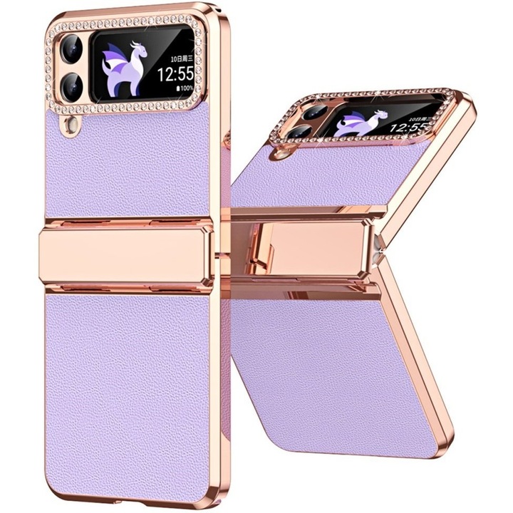 Husa pentru Samsung Galaxy Z Flip 4 5G, ERBORD, Violet/Auriu, TPU/Piele PU