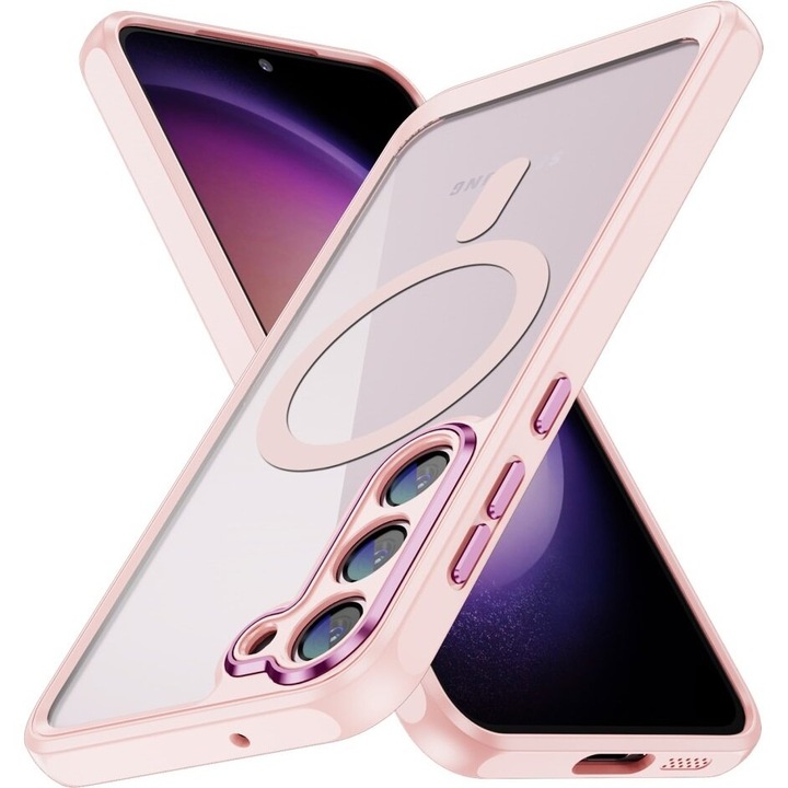 Samsung Galaxy S23-mal kompatibilis tok, Luxury Magsafe, fémezett élek, kameravédelem, rózsaszín/arany, atlasz
