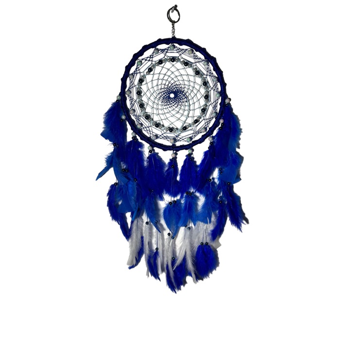 Accesoriu Decorativ, Dreamcatcher, Zen Art, Realizat Manual, 70 cm, Albastru/Alb