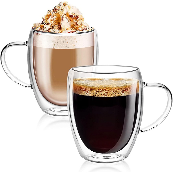 Set 2 Cani pentru ceai si cafea din sticla termorezistente cu pereti dubli Salestore.ro® Sticla borosilicata, 350 ml, cesti elegante si transparente
