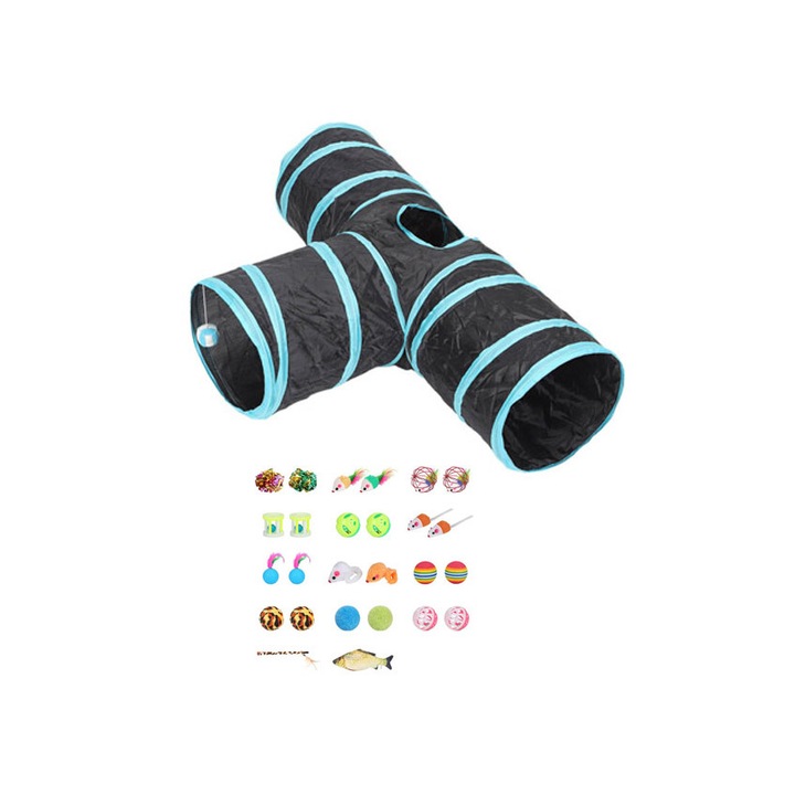 Set Tunel de joaca pentru pisicute sau alte animalute de dimensiuni mici TTube Doty®, cu jucarii si accesorii incluse, 80x30x25, cu 4 iesiri, pliabil, interactiv, albastru