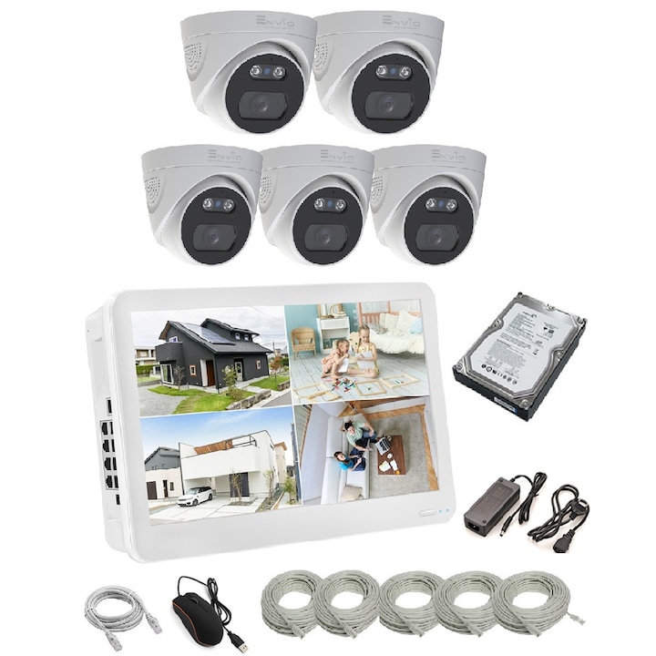 Kit de supraveghere video ENVIO complet IP POE cu 4 camere FULL COLOR 5MP PESS-KIT4CHMDFM70H500S-DLM