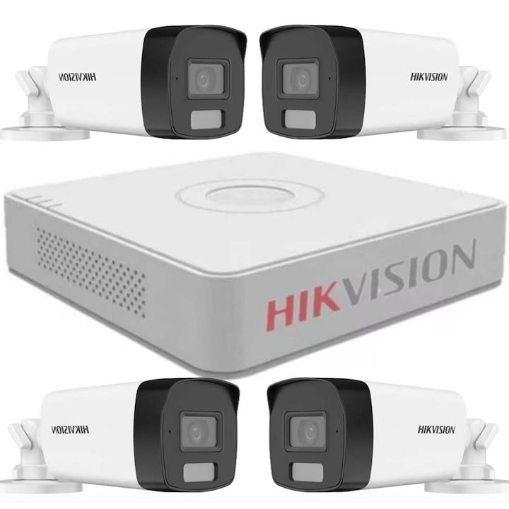 Kit Sistem Camere Supraveghere Video 4 camere Hikvision Color Noaptea 1080P Vizualizare pe Internet