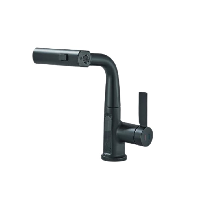 Смесител за баня/кухня с изтеглящ се кран и LED дисплей за температура, с 3 режима на водния поток, черен мат, AquaSpa