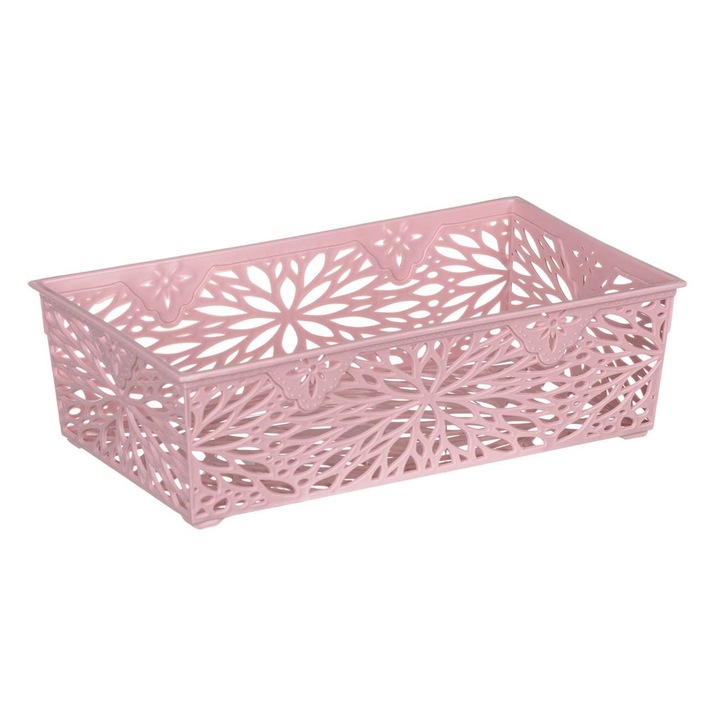 Shopiens® rózsaszín műanyag tárolókosár virágokkal, 20,2x11,5x6,2 cm/1,1L
