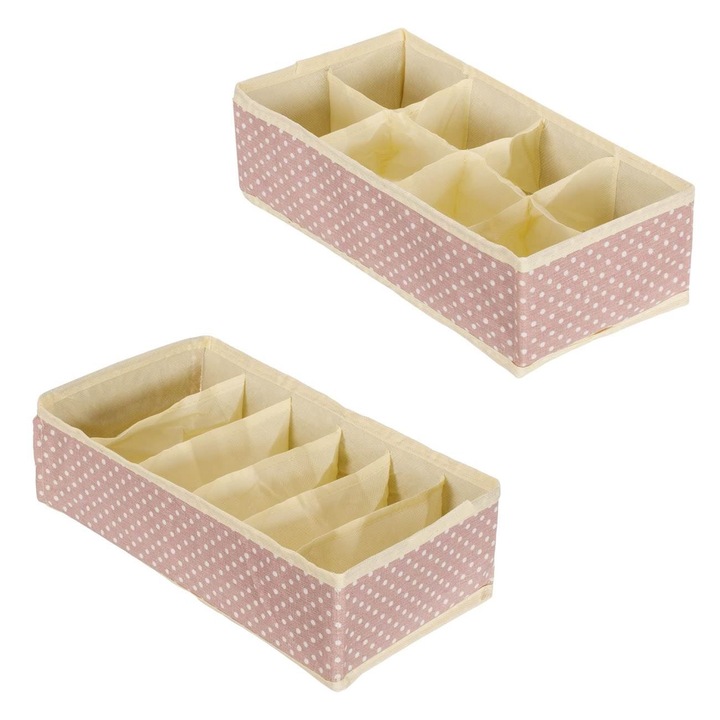 Set 2 organizatoare Shopiens® pentru sertare cu 6/8 pozitii, roz/nude cu buline albe, 15x30x9 cm