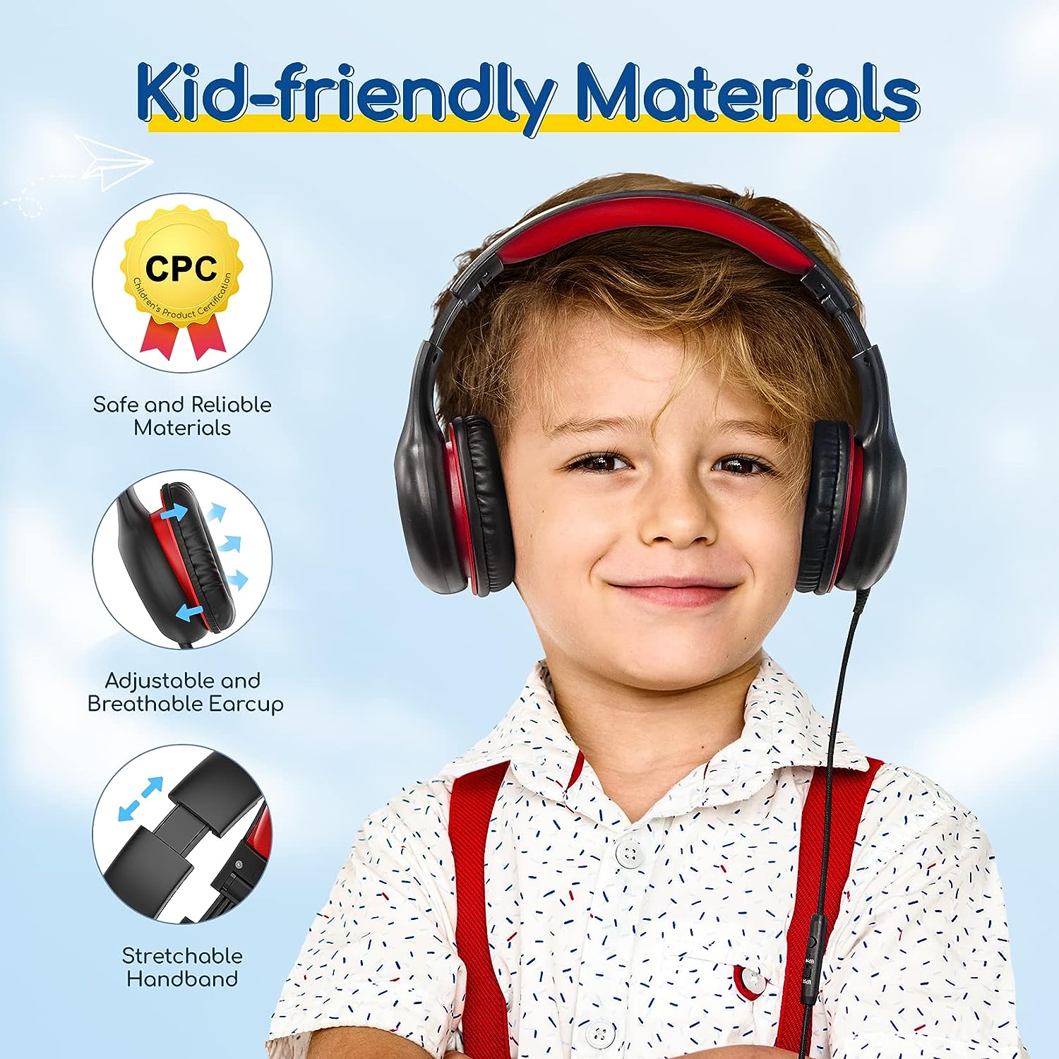 Casti pentru copii, EARFUN, pliabile, usor de transportat, cu microfon, negru cu rosu