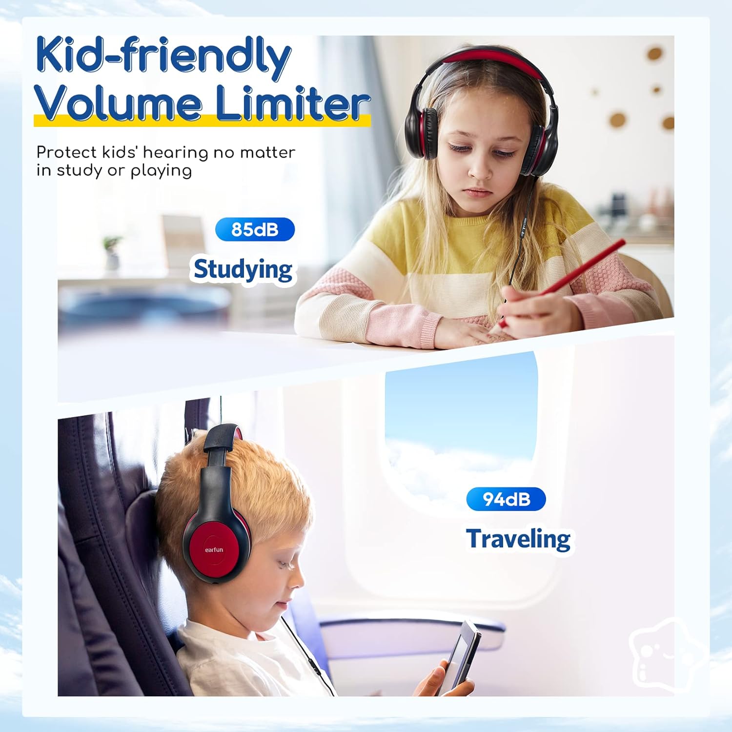 Casti pentru copii, EARFUN, pliabile, usor de transportat, cu microfon, negru cu rosu