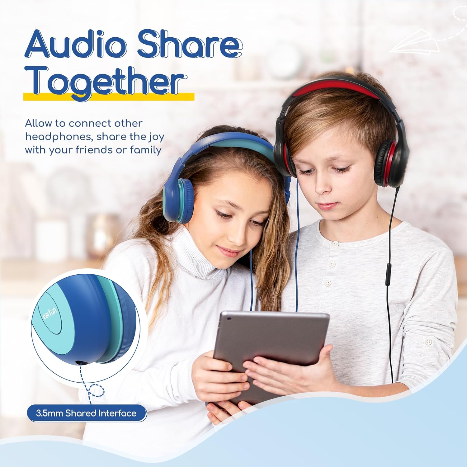 Casti pentru copii, EARFUN, pliabile, usor de transportat, cu microfon, albastre