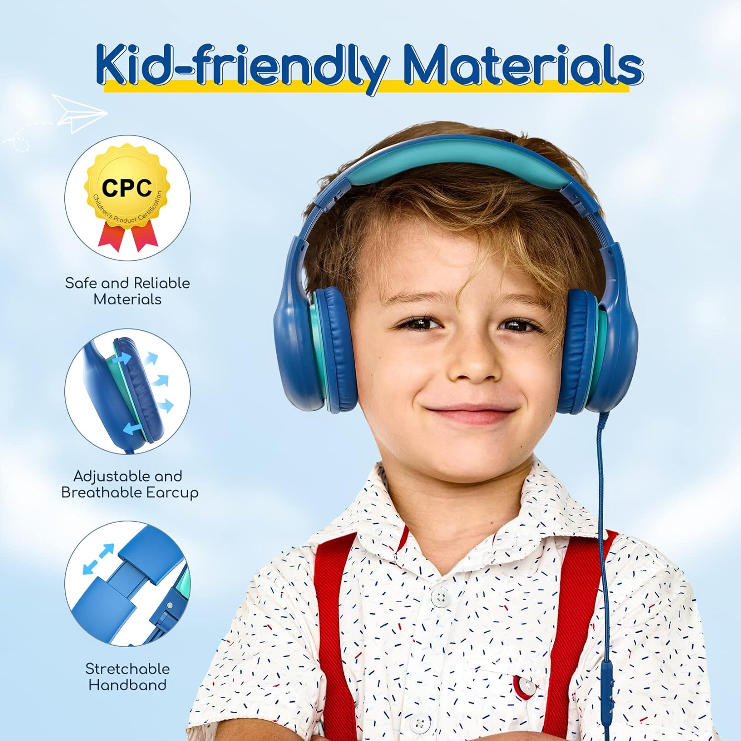 Casti pentru copii, EARFUN, pliabile, usor de transportat, cu microfon, albastre