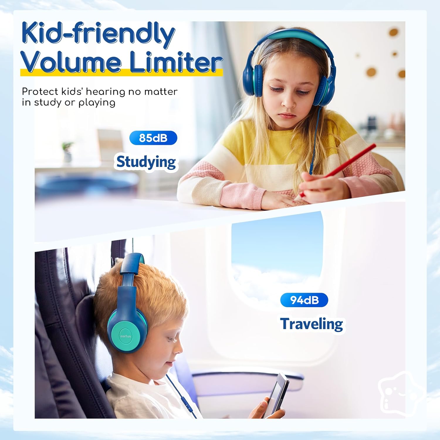 Casti pentru copii, EARFUN, pliabile, usor de transportat, cu microfon, albastre