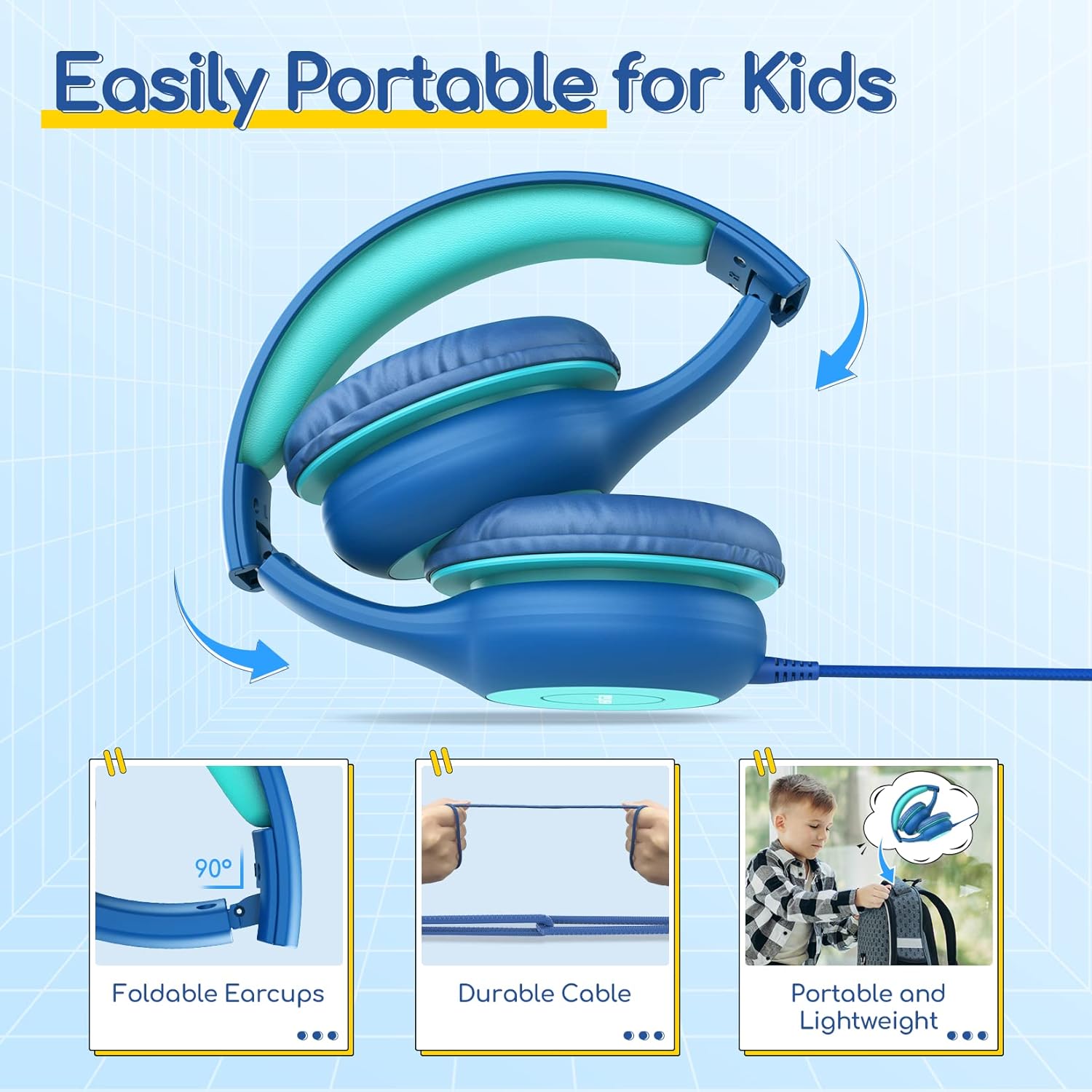 Casti pentru copii, EARFUN, pliabile, usor de transportat, cu microfon, albastre