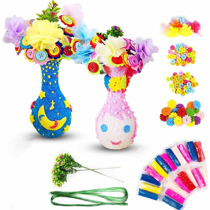 Set de artizanat cu flori pentru copii, ZJZ, DIY floare de nasture, foam clay, 2 buc, Multicolor