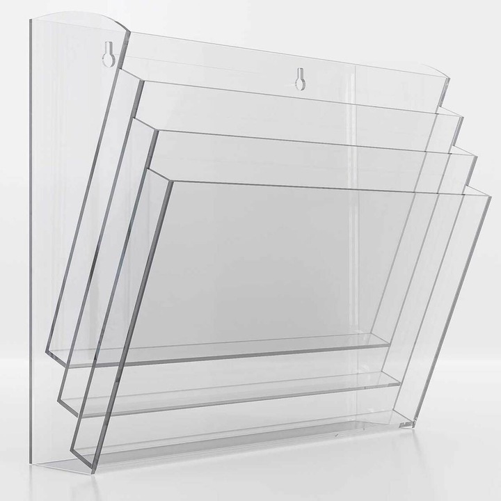 Suport de perete pentru brosuri, transparent, cu 4 buzunare format A4( 210x297mm), landscape, JJ DISPLAYS