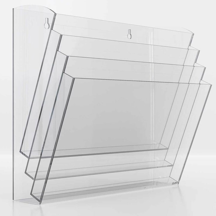 Suport de perete pentru brosuri, transparent, cu 4 buzunare format A4( 210x297mm), landscape, JJ DISPLAYS