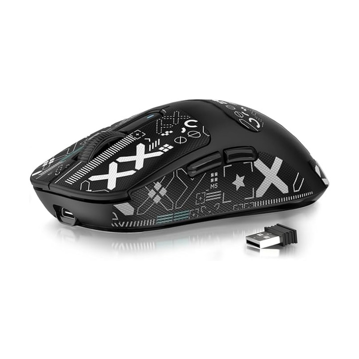 Mouse de gaming fara fir, Bluetooth, 2.4G, USB-C, Senzor PAW3395 26K DPI, Autonomie de 200 h, Butoane programabile, Negru