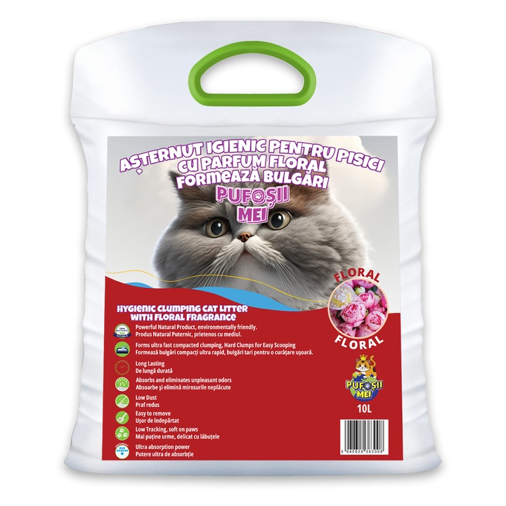 Постелка за котешка тоалетна, Pufoșii Mei (Пуфосий Мей), с аромат на цветя, 10л, Хигиеничен, образуващ бучки, супер абсорбиращ, отличен контрол на миризмите, ниско прах, лесен за почистване, издръжлив, икономичен