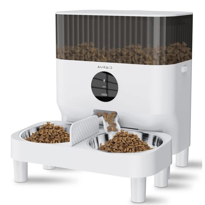 Hranitor automat pentru pisici/caini Smart, AURAID®, cu doua boluri din otel inoxidabil detasabile, Aplicatie telefon, Video, Inregistrare vocala, Capacitate 7L, Programarea meselor de pe telefon